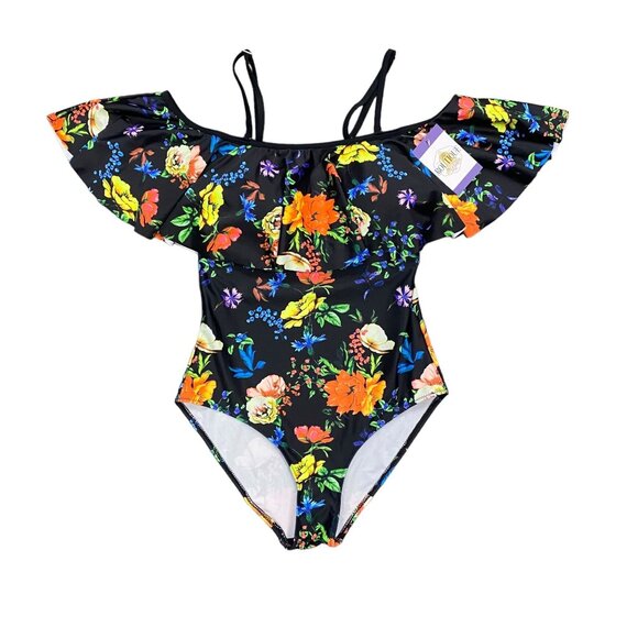 NWT Tempt Me S Black Floral Swimsuit Ruffle Top Molded Cup Tropical Print - Picture 1 of 12